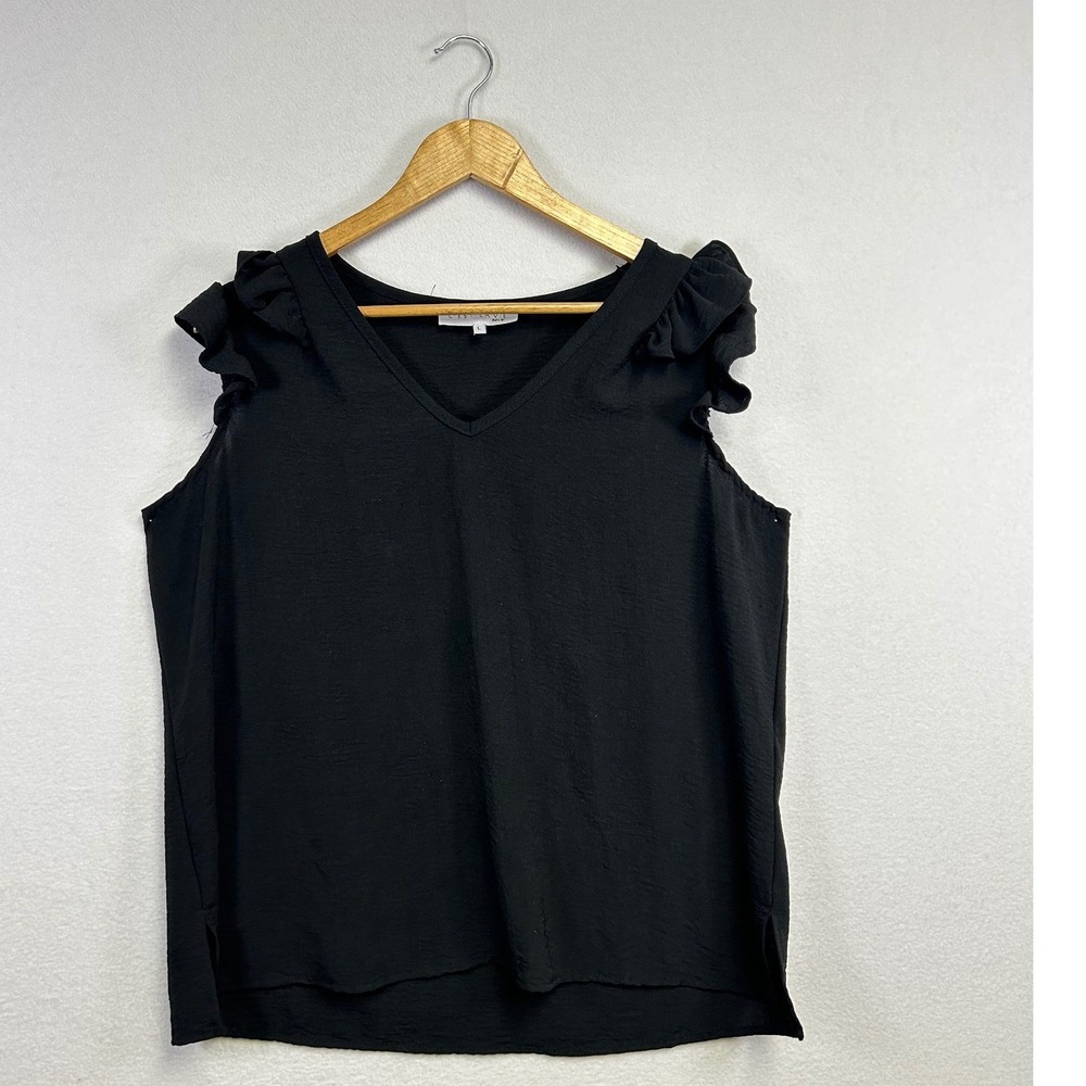 Cest La Vie Black Flutter Sleeve V Neck Top Womens Size Large Textured Casual